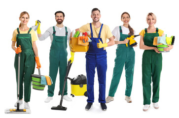 Obraz premium Group of cleaning service workers on white background