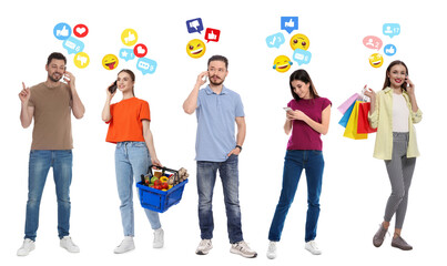 Naklejka premium People using mobile phones, collection of portraits on white background. Social media notifications near them