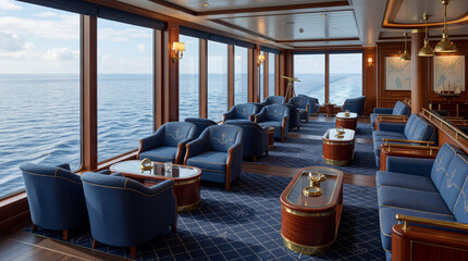 Fototapeta premium Premium Passenger Cabin On A Luxury Vessel Featuring Blue Nautical Furniture And Wide Panoramic Windows