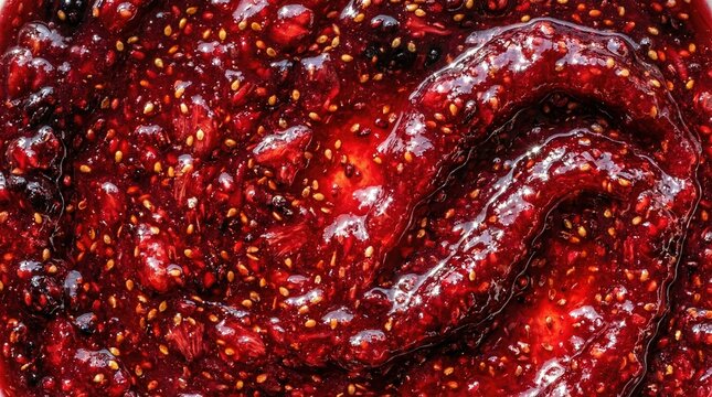 Close up of red raspberry jam with seeds macro detail. Fruit spread texture background for food packaging or recipe design.