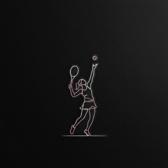 Obraz premium Minimalist pink neon line art of a female tennis player serving a ball, isolated on a dark background for sports branding, fitness websites, and athletic event promotional materials