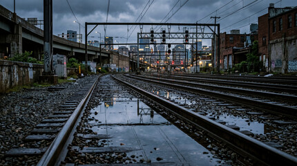 Fototapeta premium Wet railway train tracks after heavy rain with glowing reflective water puddles moody urban aesthetic