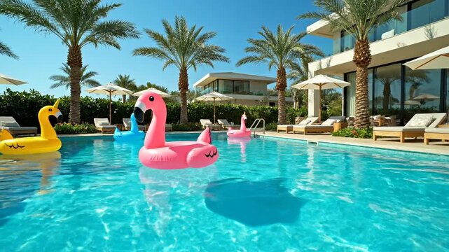 Swimming pool with flamingo floats and palm trees under sunlight