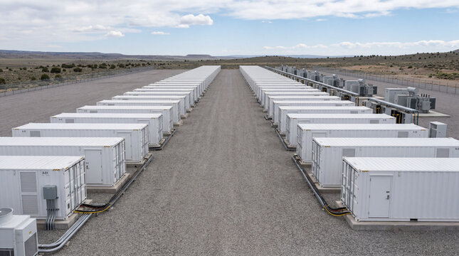 Industrial solid state utility scale battery storage facility with clean white modular energy containers layout