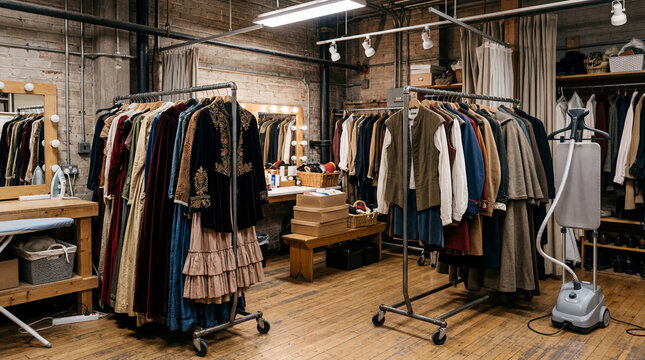 Theater Dressing Room Interior Focusing On Costuming With Rolling Racks Packed With Stage Outfits Backstage