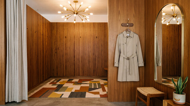 Mid century modern fitting room featuring warm teak wood slatted walls and geometric mirror design