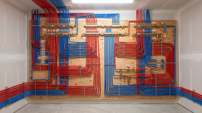 Intricate professional layout of modern PEX plumbing water supply lines with vibrant red blue pipes