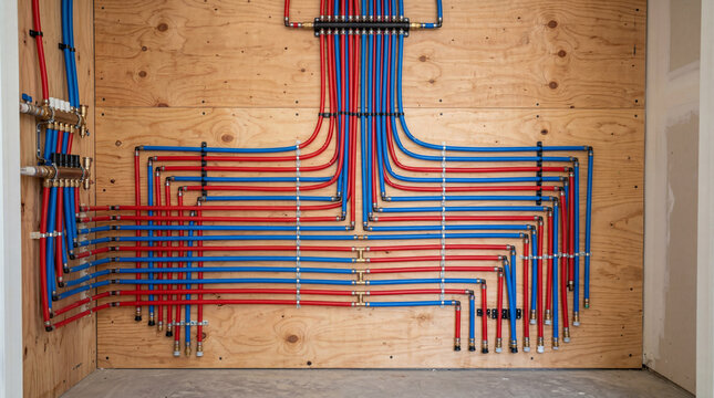 Intricate layout of modern PEX plumbing supply lines featuring vibrant red and blue pipes system