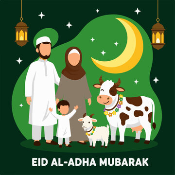Muslim family celebrating Eid al-Adha with children and livestock under crescent moon