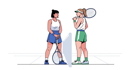 Fototapeta premium Two female tennis players in sportswear talking at the net during a match