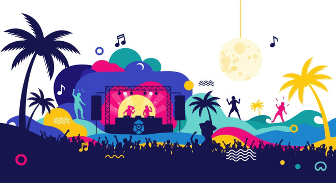 Vibrant Beach Party Festival with DJs, Dancers, Palm Trees, Disco Ball