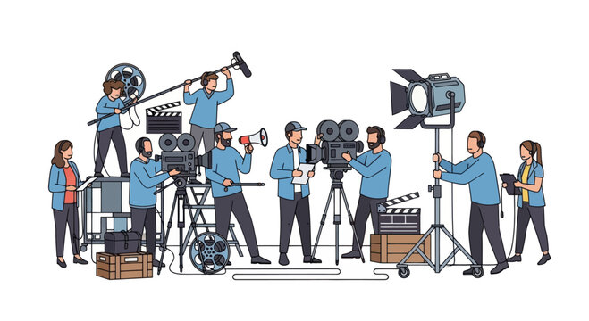 Film Crew Shooting Movie Scene with Cameras, Lights, and Boom Mic