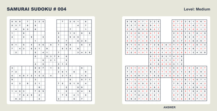 Challenging samurai sudoku puzzle grid 004 for logical thinking