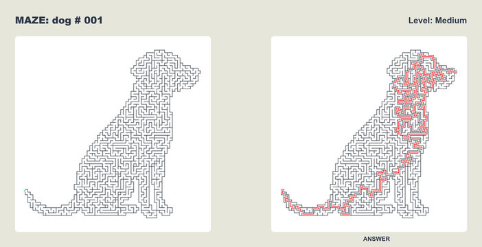 Dog silhouette medium level maze challenge with answers 001