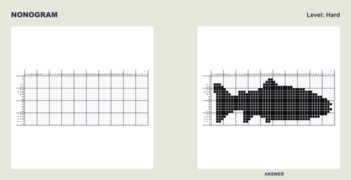 Hard level japanese crossword with a fish illustration