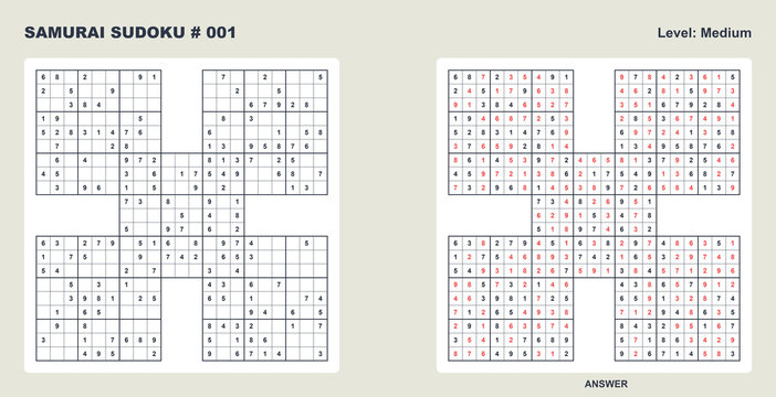 Medium difficulty samurai sudoku puzzle grid number 001 with solution