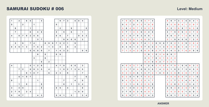 Printable samurai sudoku puzzle grid 006 with full solution