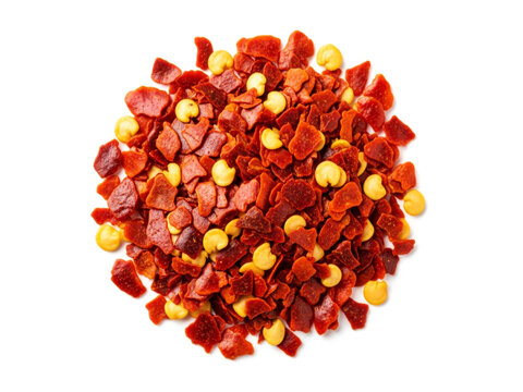 Spicy crushed red hot chili flakes isolated on white background for fiery seasoning