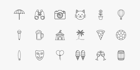 Set of leisure and travel icons including beach umbrella binoculars camera cat face potted plant hot air balloon microphone beer circus tent palm tree pizza soccer ball surfboard mask balloon. © Fountain