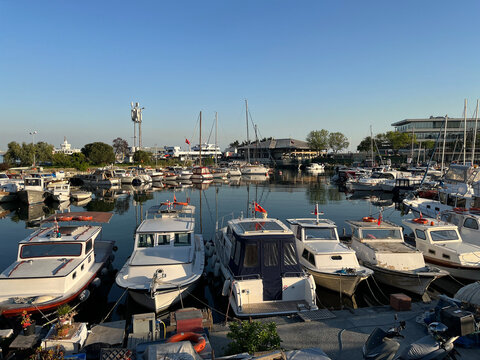 Boats moored in Atakoy Marina at Bakirkoy District in Istanbul, Turkey. Atakoy Marina is a major urban yacht harbor with a capacity of  805 yachts.