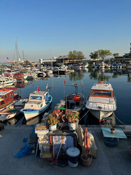 Boats moored in Atakoy Marina at Bakirkoy District in Istanbul, Turkey. Atakoy Marina is a major urban yacht harbor with a capacity of  805 yachts.