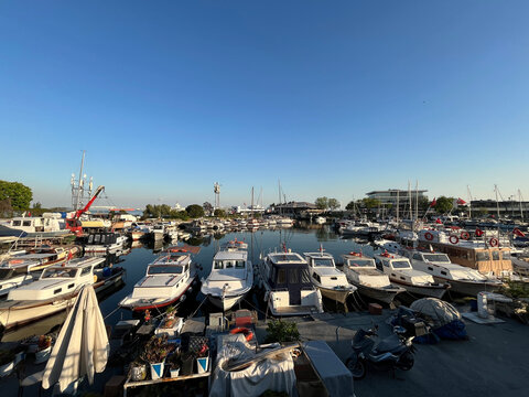 Boats moored in Atakoy Marina at Bakirkoy District in Istanbul, Turkey. Atakoy Marina is a major urban yacht harbor with a capacity of  805 yachts.