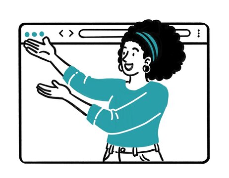 Smiling young woman with curly hair, hoop earrings, and teal shirt presenting inside a stylized web browser window frame, symbolizing online communication, digital teaching, or virtual content creatio