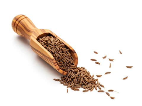 Natural caraway seed in olive wood scoop scattered on white background for aromatic herbal culinary baking spices