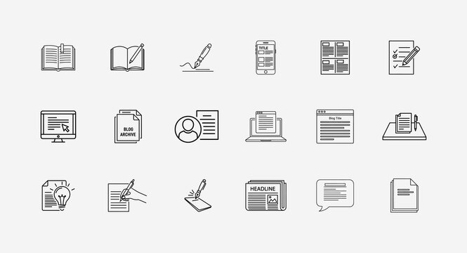 Blogging and copywriting line icons collection depicting content creation digital publishing article writing and creative journalism tools for online platforms and website management systems.