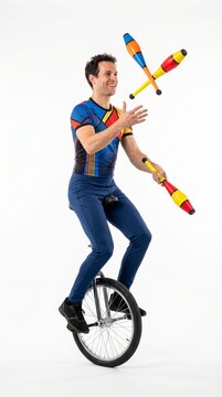 Juggler performing tricks while riding unicycle against white background  