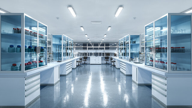 Modern scientific laboratory interior with advanced equipment, computers and research workstations, medical and pharmaceutical lab environment. 3D illustration