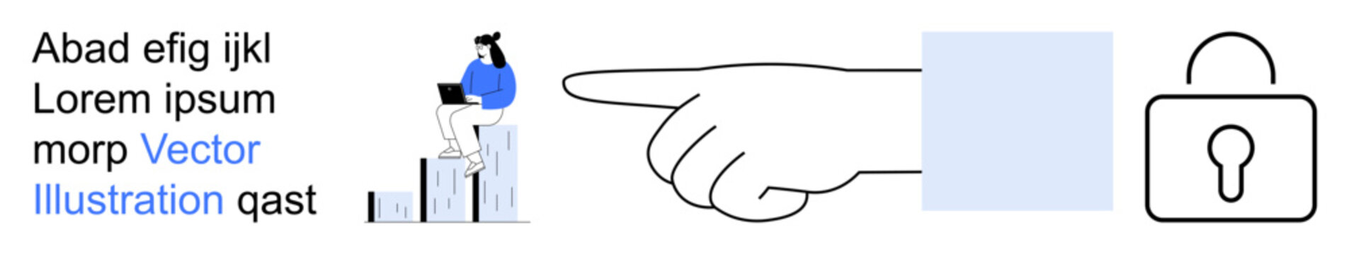Business strategy, data visualization, security, online protection, technology, and analysis. Person sitting on bar graph, hand pointing lock icon. Business strategy and data visualization