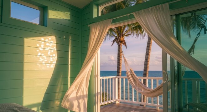 Chambre c&ocirc;ti&egrave;re avec vue sur l'oc&eacute;an, rideaux de porte ouverts et palmiers