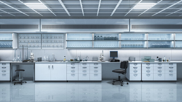 Modern scientific laboratory interior with advanced equipment, computers and research workstations, medical and pharmaceutical lab environment. 3D illustration