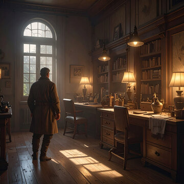 Homme debout &agrave; l'int&eacute;rieur d'une vieille biblioth&egrave;que
