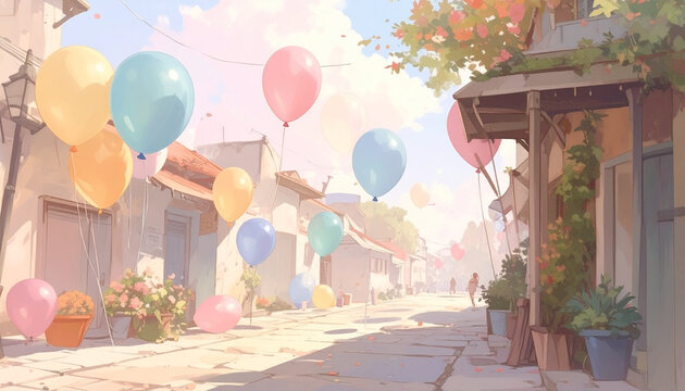 Des ballons flottent au-dessus d'une rue de la ville