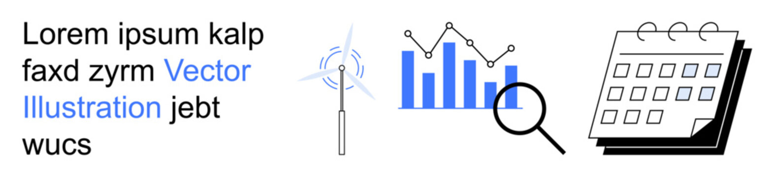 Renewable energy, data analytics, business planning, scheduling, sustainability, energy management. Wind turbine, bar graph magnifying glass calendar. Renewable energy and data analytics concepts
