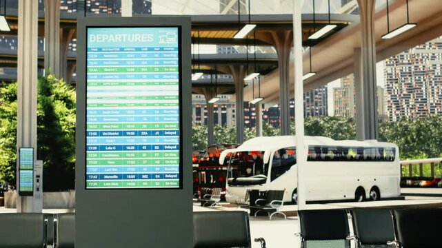 Spacious urban coach station with empty seats and digital departure board, and public transport timetable display. Modern transportation hub with commercial travel services, daily commute.