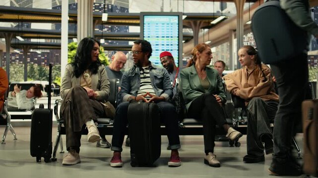 Diverse travelers waiting at busy bus station in metropolitan hall, waiting area filled with passengers. Public transportation creates constant movement and human flow, everyday travel.