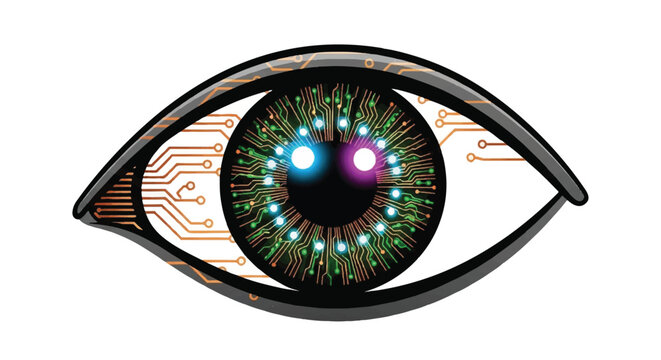 A futuristic robotic eye with glowing circuits and wires is depicted closely.