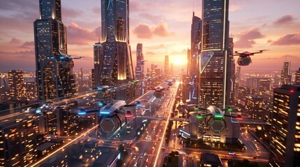 Fototapeta premium Delivery drones flying between skyscrapers in futuristic city. Autonomous transport technology in modern sunset skyline