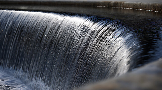 Close-up of a captivating waterfall with water flowing over a small concrete dam, showcasing the textures and dynamic movement of the liquid element