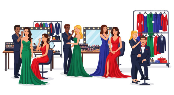 Glamorous Makeover Scene: Models getting ready for a fashion show with makeup artists.
