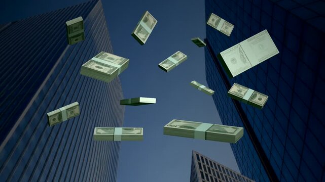 Falling stacks of money low angle skyscraper background
