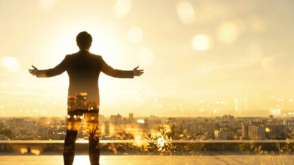 Fototapeta premium Sparkling Sunrise Backlit Silhouettes of Two Japanese Businessmen Double Exposure Cityscape Toward Hope and Future Success Perfect for Corporate Advertising Recruitment and Vision Presentations