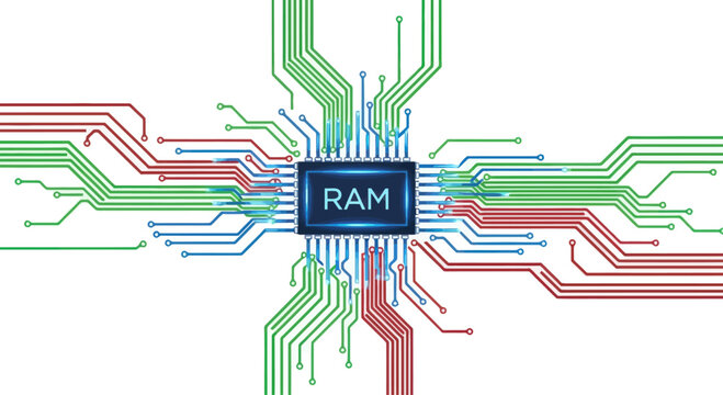 RAM chip with glowing circuits, abstract technology background, computer memory concept
