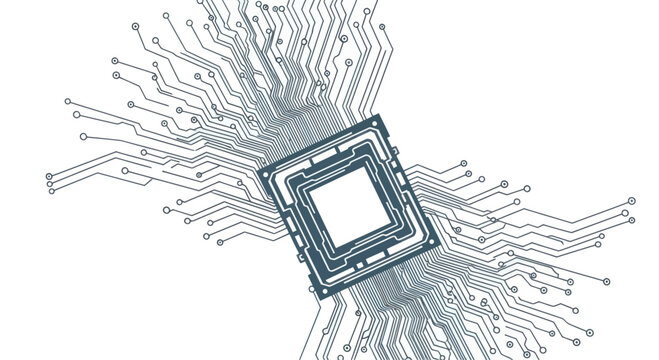 Central Processing Unit (CPU) microchip with radiating circuit board lines on white background
