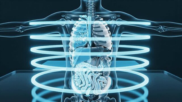 Futuristic Digital Anatomy Illustration of Human Body with Visible Organs and Advanced Scanning Lines for Medical and Health Visualizations