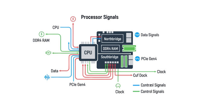 CPU, Southbridge, and DDR4 RAM block diagram with processor signals