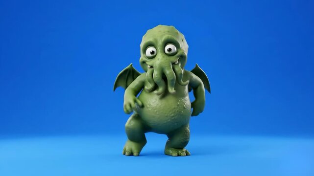 A cute green 3D cartoon Cthulhu monster with face tentacles and small wings dances joyfully. The stylized creature animation is set against a solid blue studio backdrop.